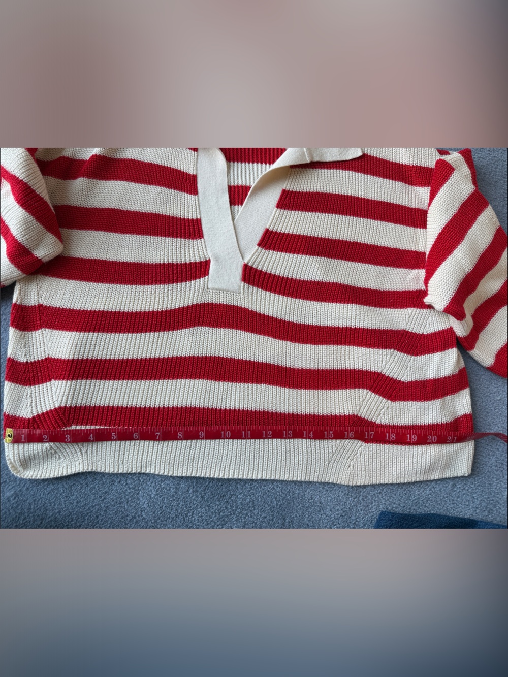 ELEVEN SIX Red & Cream Striped V-Neck Polo Sweater - Picture 7 of 7